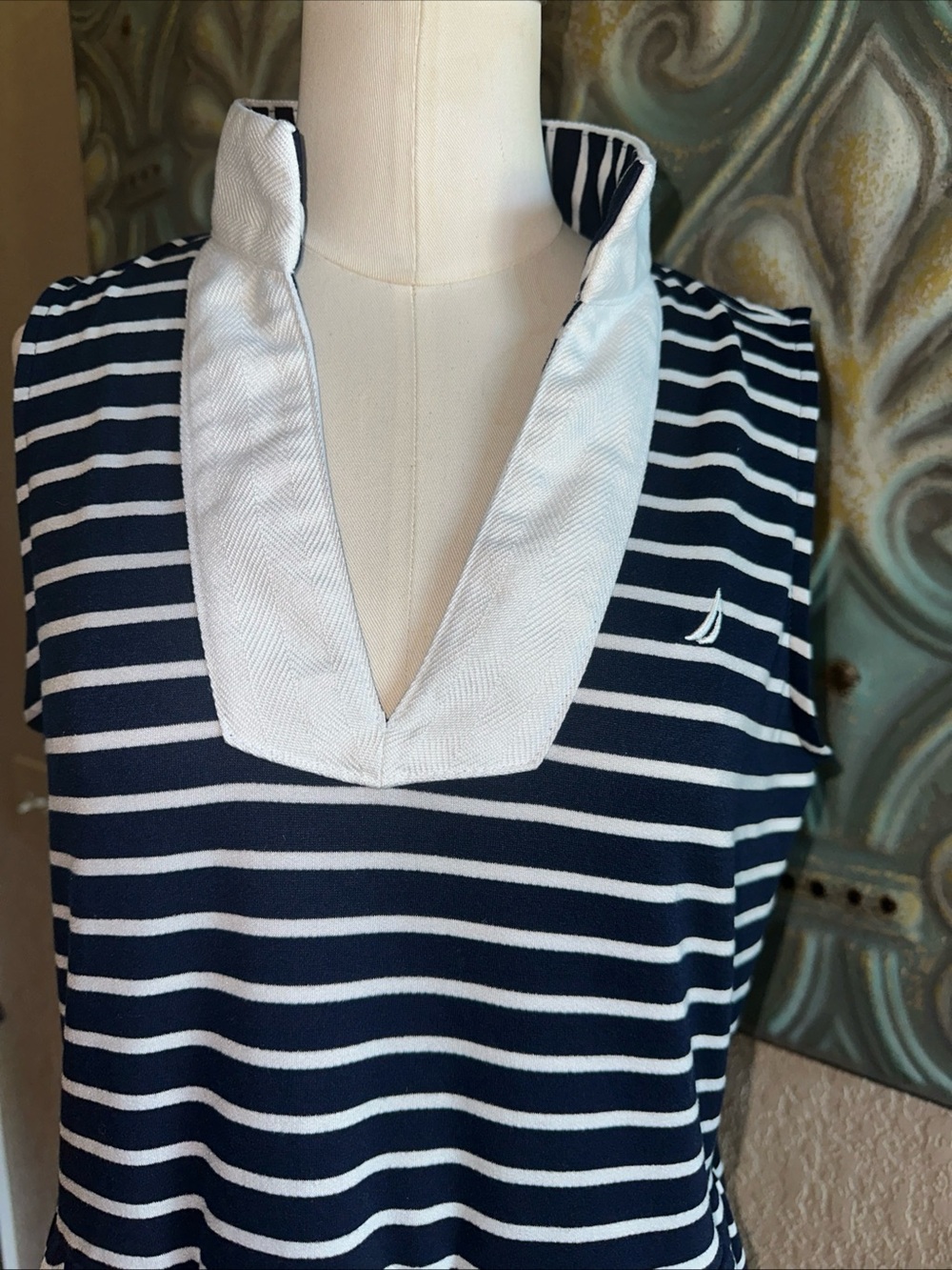 NAUTICA Tiered Mini Dress Womens S Navy White Striped Sleeveless Pockets - Picture 3 of 11